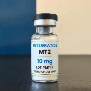 Integratide Melanotan II (MT2) 10 mg research peptide vial, lot MT411, labelled research use only