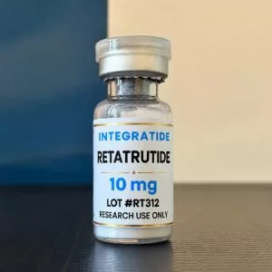 Integratide Retatrutide 10 mg research peptide vial, lot RT312, labelled research use only