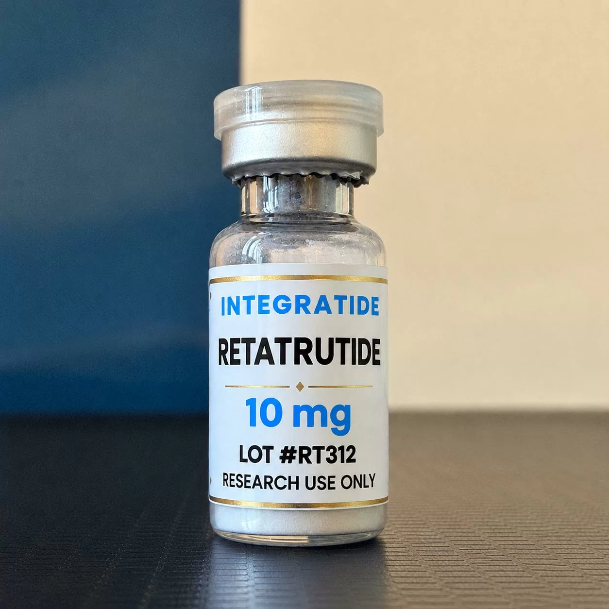 Integratide Retatrutide 10 mg research peptide vial, lot RT312, labelled research use only
