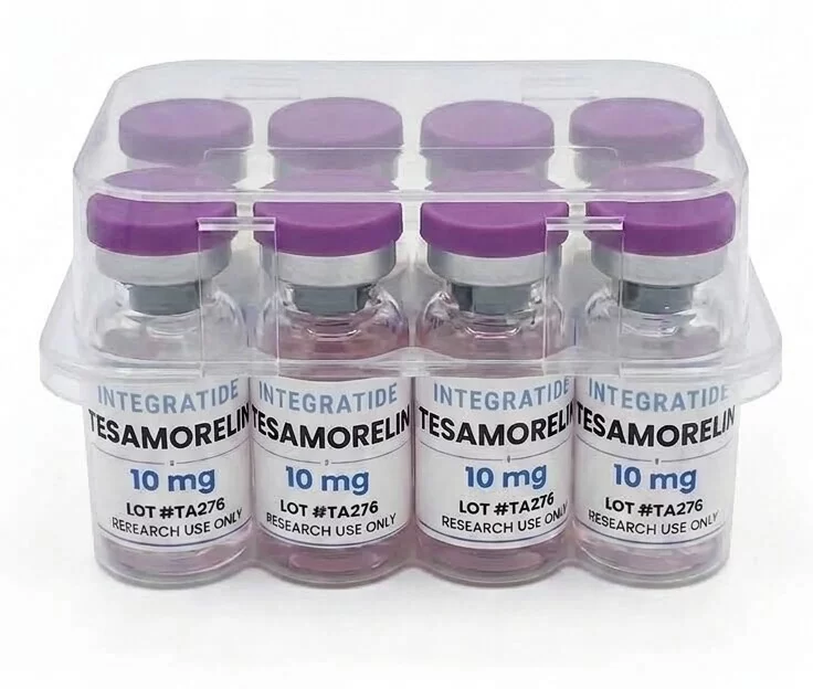 A sealed tray of Integratide Tesamorelin 10 mg vials, lot TA276, labelled for research use only