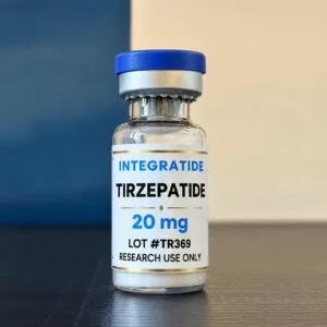 Integratide Tirzepatide 20 mg research peptide vial, lot TR369, labelled research use only
