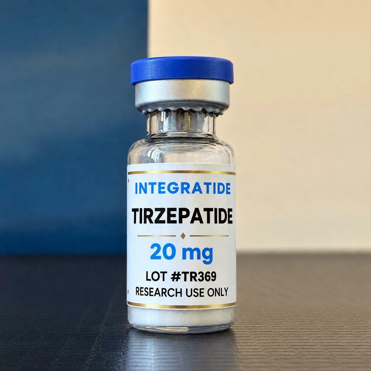 Integratide Tirzepatide 20 mg research peptide vial, lot TR369, labelled research use only